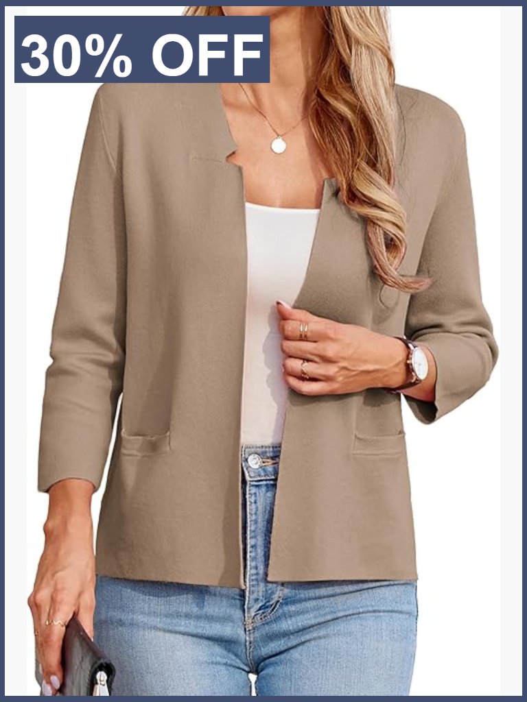 Cropped Knit Blazer 3/4 Sleeve Notch Collar Lightweight Cardigan Business
